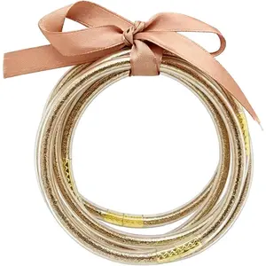 Jelly Bracelet 5PCS Glitter Jelly Bangles Stackable Jelly Tube Silicone Bracelet with Ribbon Bow Waterproof Bracelets for Women