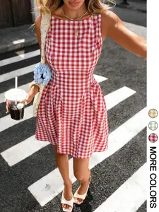 Women's Plaid Sleeveless Mini Dress, Round Neck Design, Backless Cutout, Waist Tie Detail, Stylish and Chic Summer