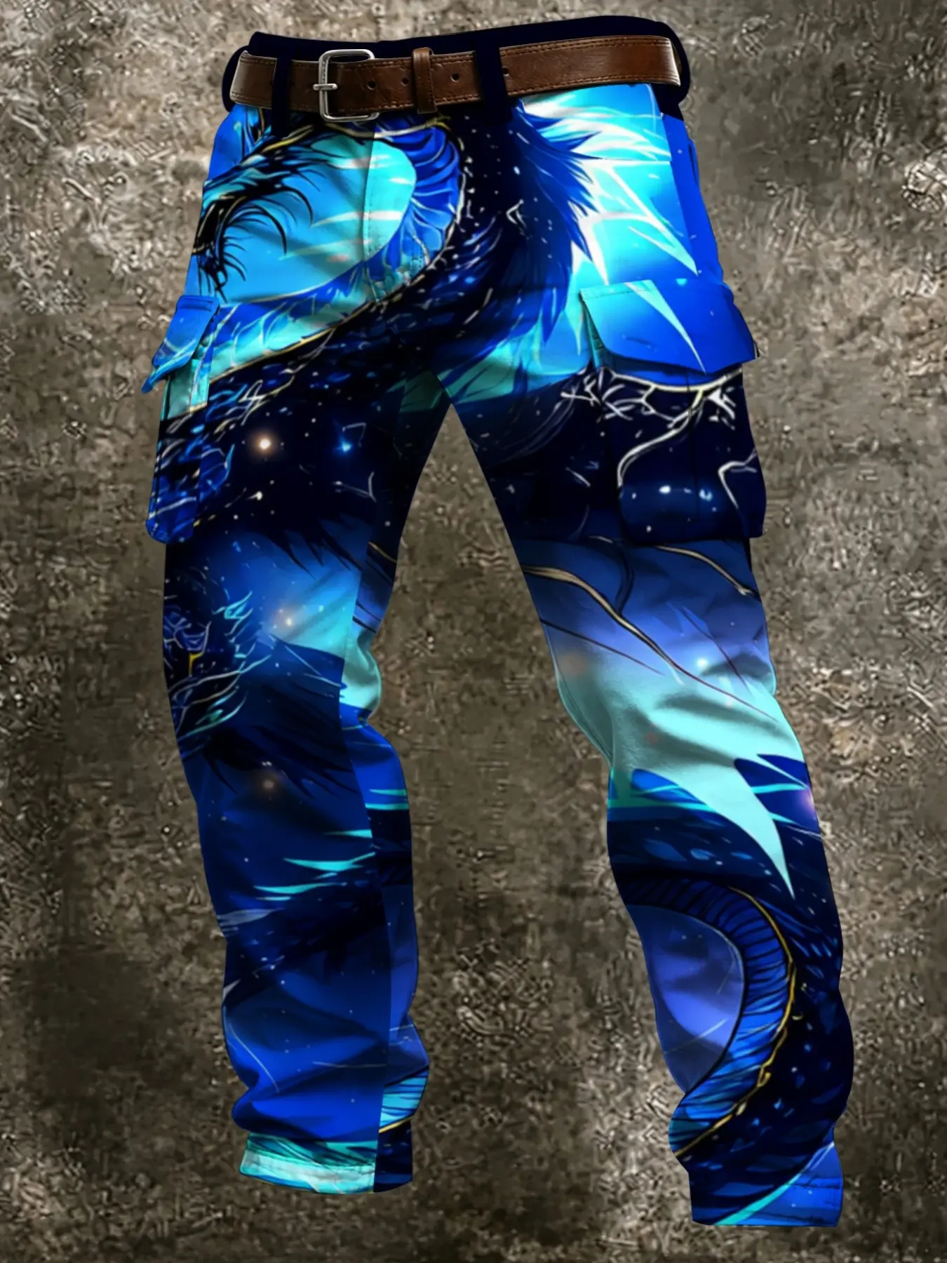 New Gradient Blue Starry Sky Gold Eastern Dragon National Trend Full Print Work Pants, Fantasy Nebula Dragon Pattern, Men's Straight Leg Work Pants
