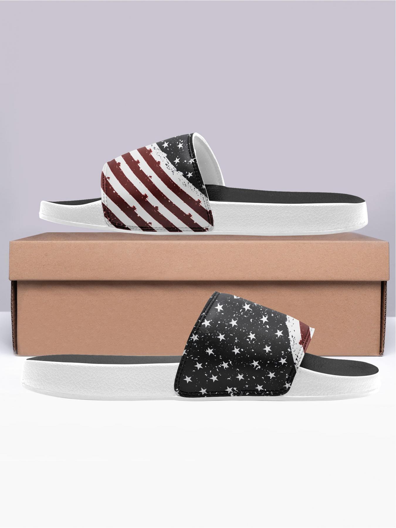 Men's Fashionable Random American Flag Print Slides, Casual Comfortable Durable Slides for Summer, Lightweight Breathable Slides for Beach & Streetwear, Footwear, Lightweight Slipper