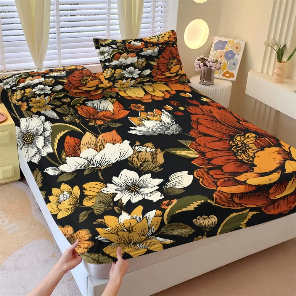 3Pcs Vintage Retro Floral Fitted Sheet Set, Boho Dark Botanical Bed Sheets Set, Luxury Soft Bedding Set with Pillowcases, Aesthetic Fall Garden Bedroom Decor for Queen/King Size Beds No Fillers