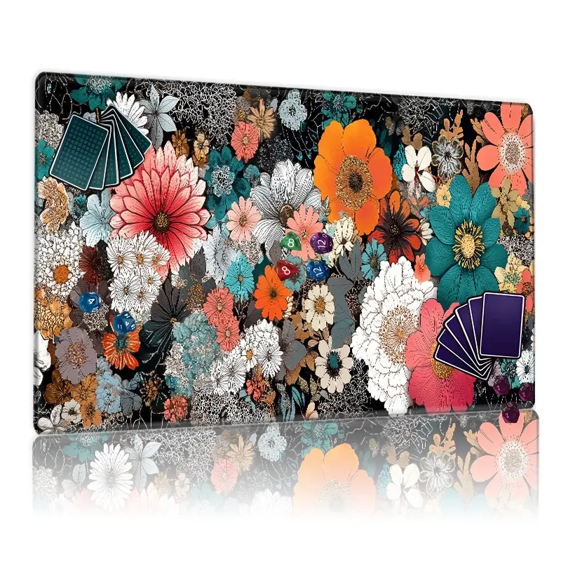 Vibrant Floral Art MTG Playmat 12x24inch - Colorful Diverse Flowers on Black Background, Non-Slip TCG Playmat for Card Game Enthusiasts, Perfect for Family Gatherings & Gift