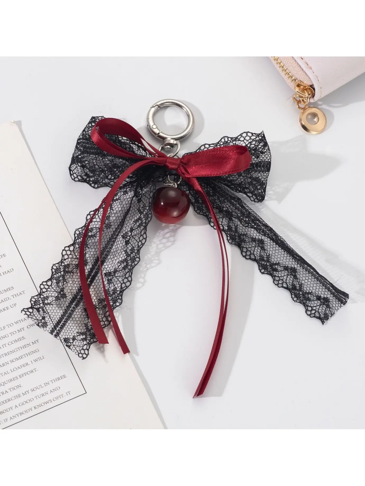 Fashionable Sweet Cool Style Lace Bow Cherry Pendant Keychain Bag Charm, Boho All Seasons Hanging Ornament