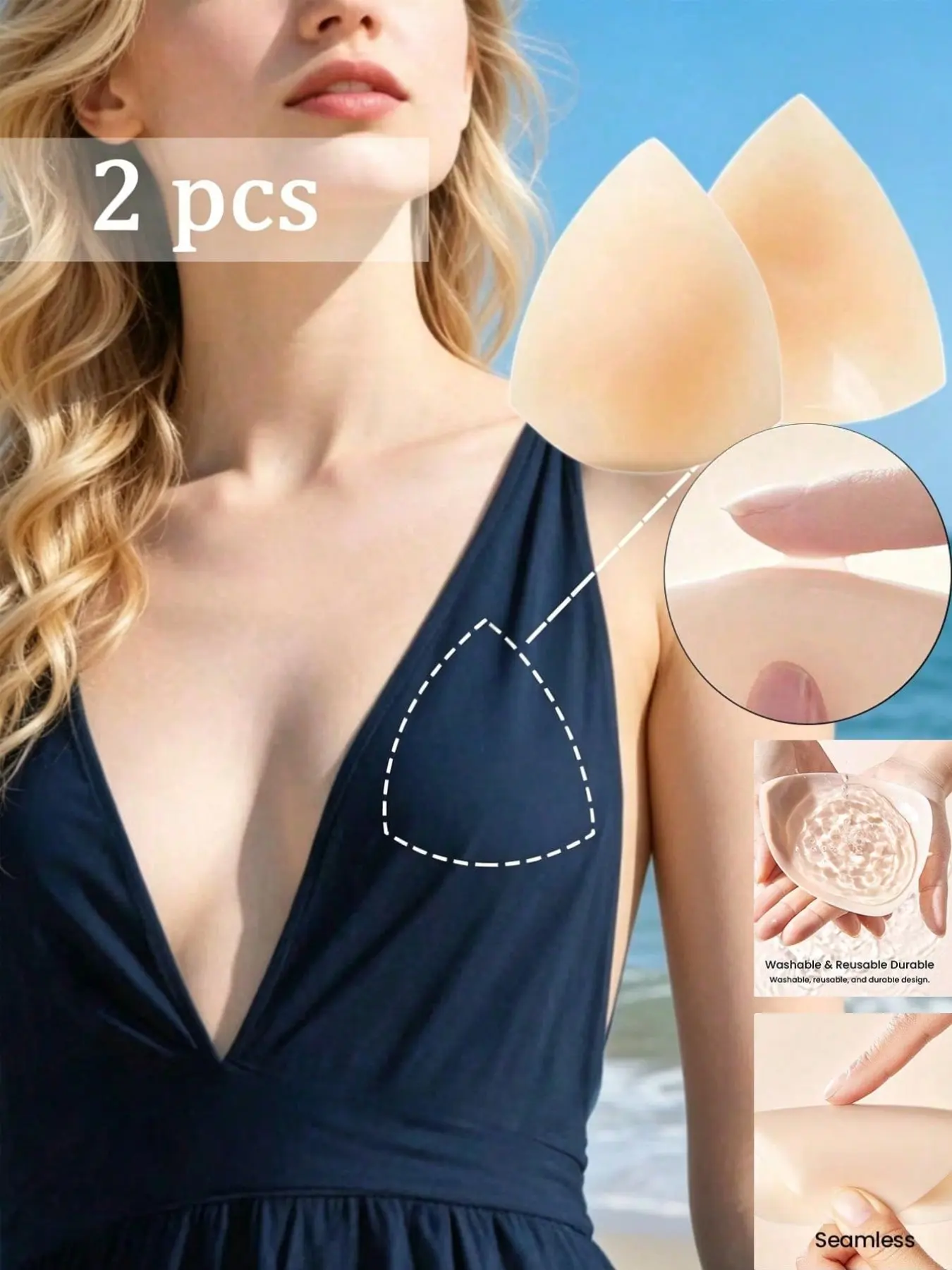 2 Pcs Women Triangle Silicone Sticky Bra Inserts, Silicone Nipple Covers, Reusable Push Up Bra Pads, Self-Adhesive Breast Enhancers & Nipple Pasties For Swimsuit, Deep V-Neck Dress, Wedding & Daily Wear