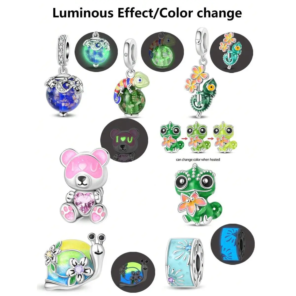 Cute Silver Plated Enamel Luminous Color Changing Animal Charm Beads For Women Bracelet DIY Jewelry Gifts