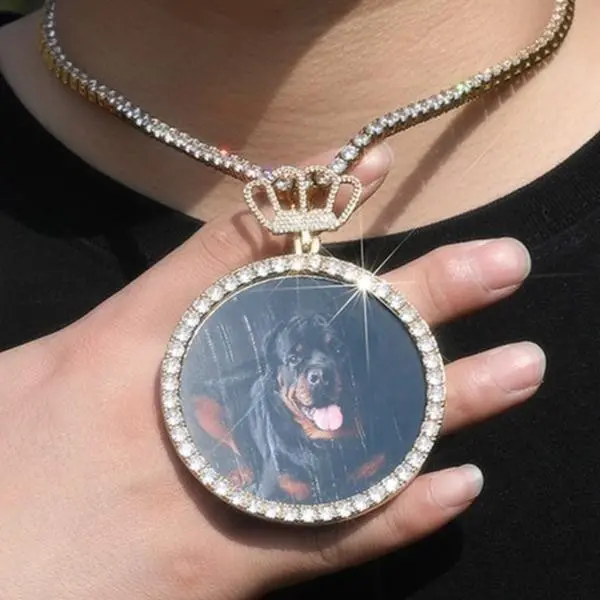 Circle Chains Picture Photo Chain Pendant Necklace Hip Hop Cubic Zirconia Jewelry Memorial Chains for Unisex Men Women Daily Wear Decor