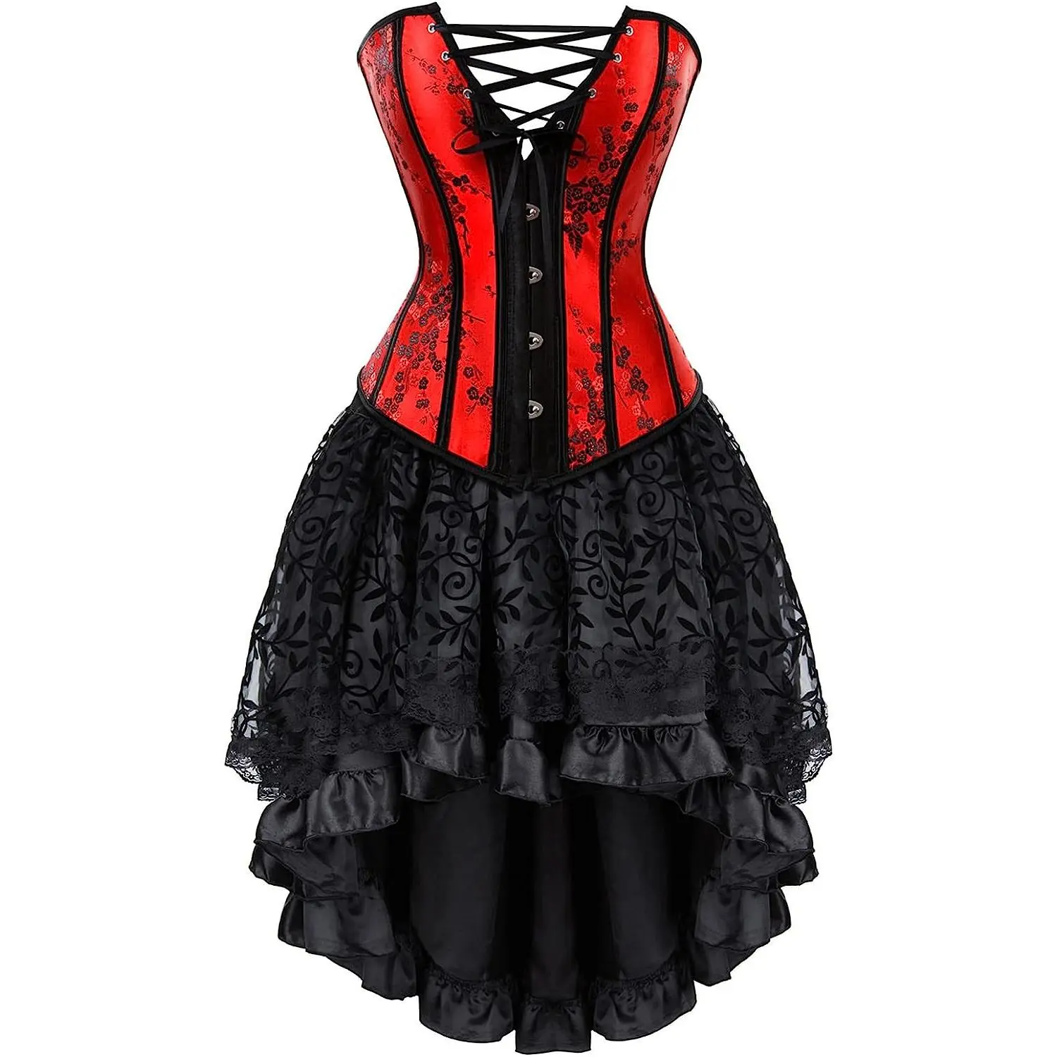 Women's 2-Piece Boned Brocade Corset Set - Vintage Halter Neck Cropped Bustier Top & Tutu Skirt, Floral Lace-Up, Plus Size, Witch Fairy Halloween Cosplay Shapewear
