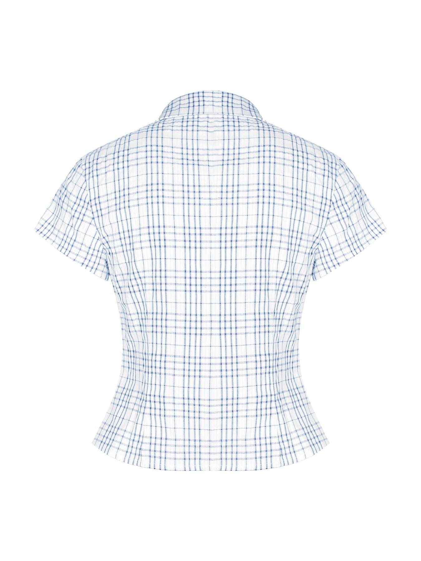 Women's Plaid Print Curved Hem Short Sleeve Casual Fitted Collared Blouse, Button Up Shirt, Casual Bishop Sleeve Top for Summer, Ladies Clothes for Daily Wear
