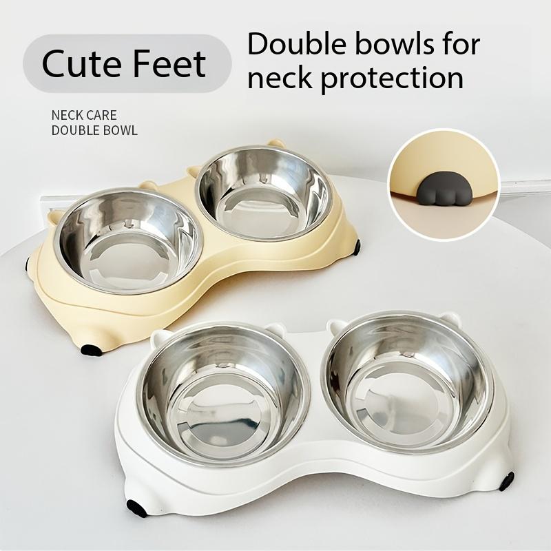 Cat anti-spill neck-protecting 2 stainless steel bowls, stainless steel ergonomic angled bowls, non-slip base pet feeding and water bowls, suitable for home and outdoor use