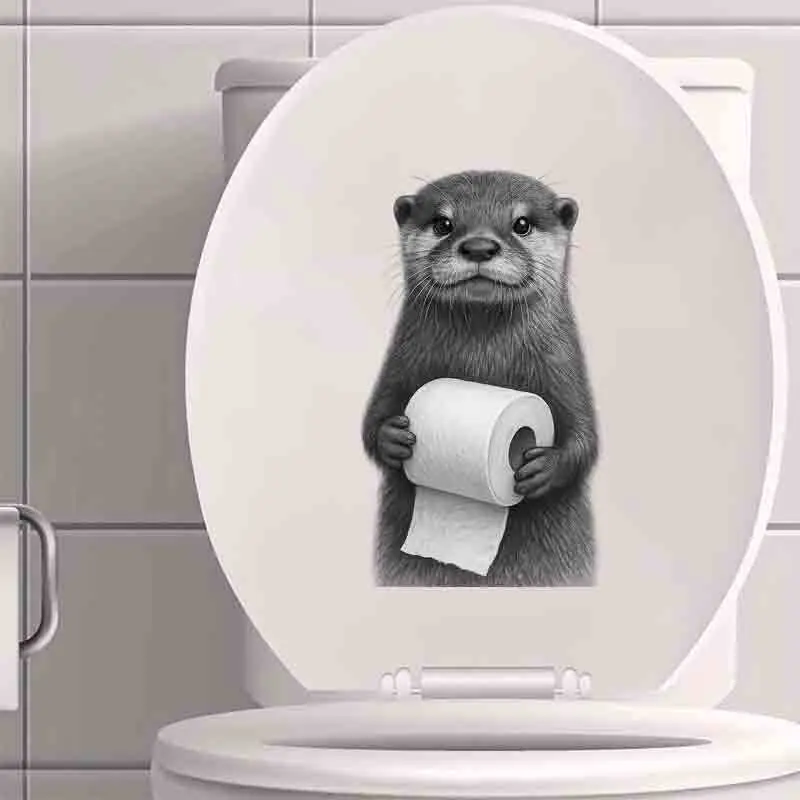 cute otter toilet sticker 1 piece waterproof cartoon bathroom decor with otter holding toilet paper design fun decorative sticker for toilet lids jars and bathroom spaces bright playful wall decal for