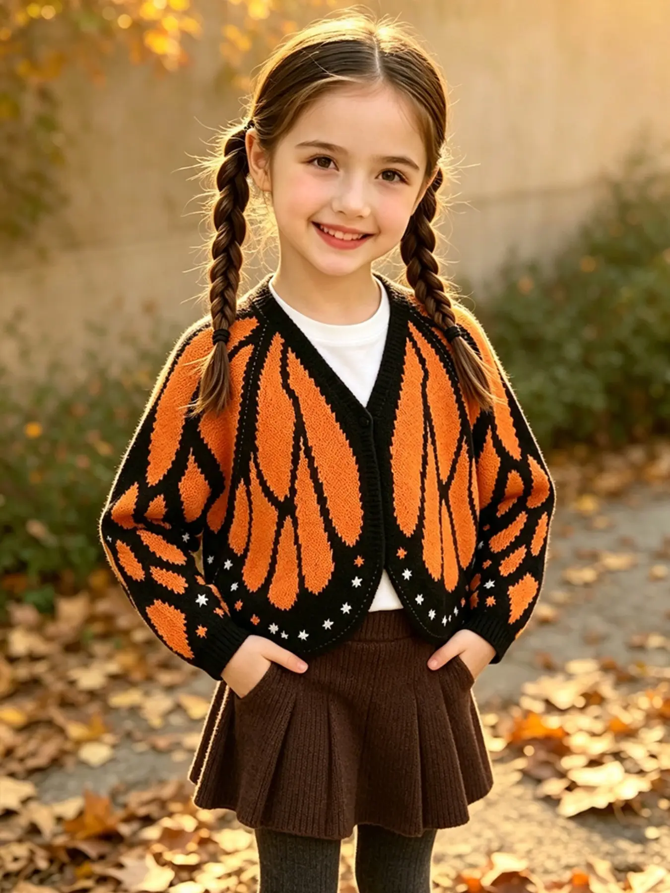Girls Open Front Knit Cardigan, Butterfly Pattern, Orange - TikTok Shop