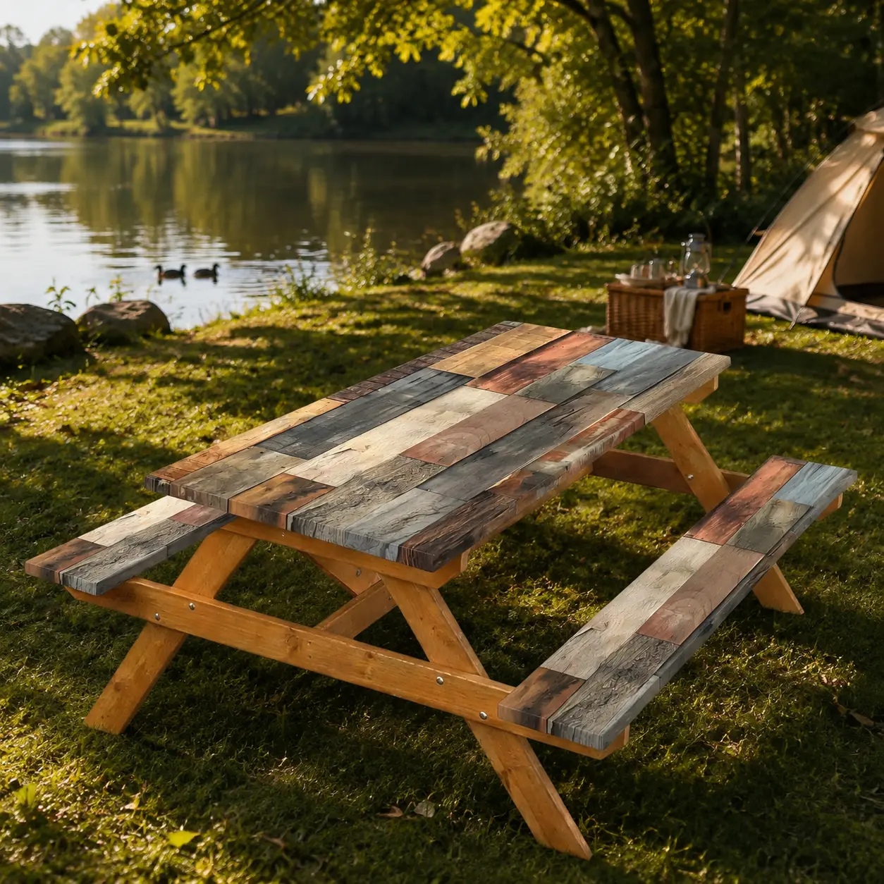 72×30 in Stretchable Edge Rustic Wood Print Picnic Table & Matching Benches Cover Set, Waterproof Durable Fabric, Decorative Outdoors Cover for Park Events, Easy Install Home/Festive Supplies