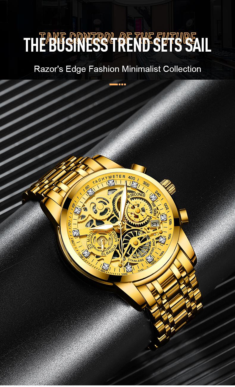 Men's Luxury Gold Skeleton Quartz Watch - Fully Iced Out Diamond Encrusted Wristwatch with Chronograph Tachymeter, Date Display, Stainless Steel Band, Perfect Gift for Him
