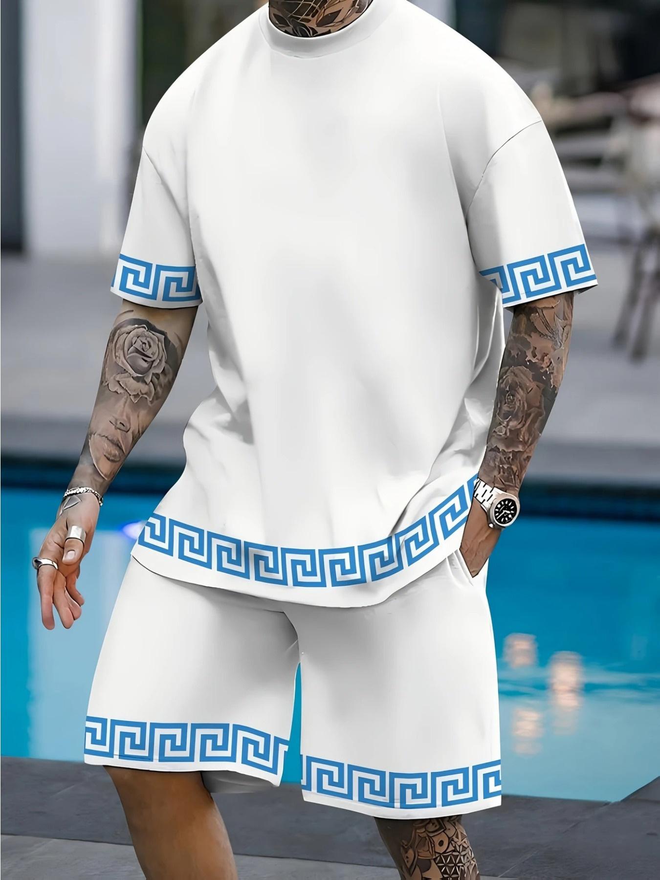 Men's casual round neck short sleeved T-shirt and drawstring shorts, with pockets and slightly stretchy fabric, suitable for daily and weekend wear