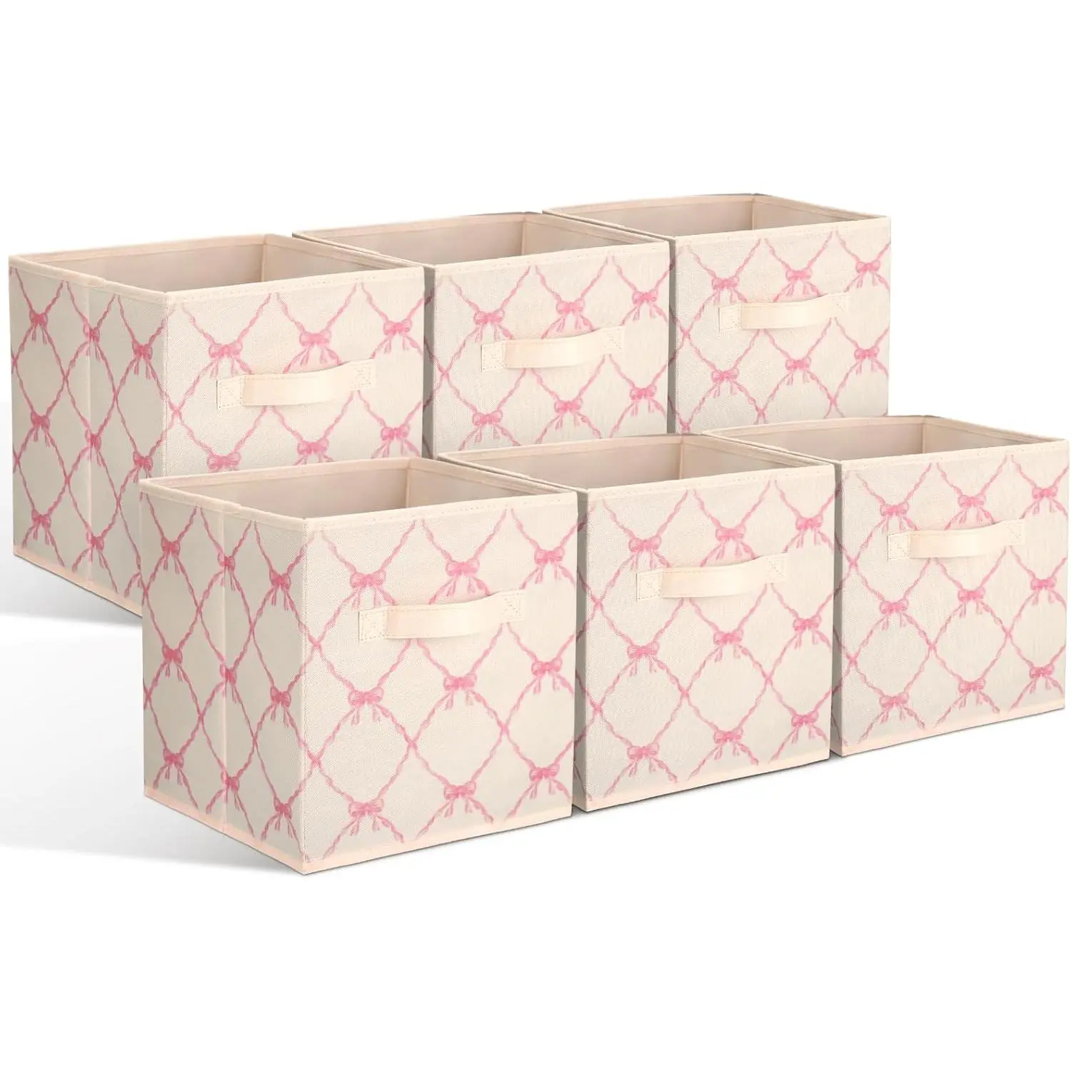 6 count Beige Bow Cube Storage Bins 11 Inch Storage Basket with Handle, Preppy Girls Organizer Basket, Collapsible Fabric Box for Classroom Bedrooms Office  Decoration