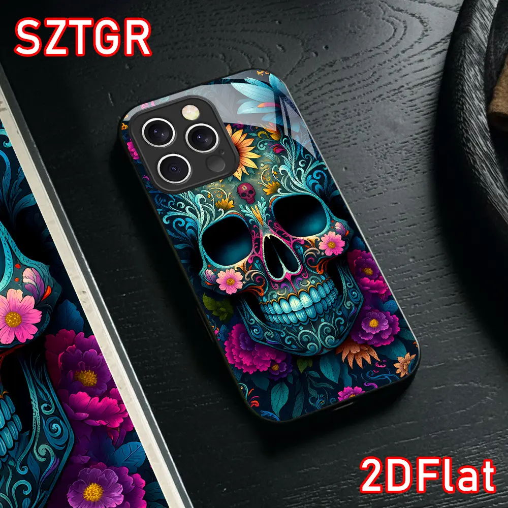 Phone Case - 2D Floral Sugar Skull Phone Case Vintage Boho Style Glass Phone Case for iphone17 Air 16 15 Pro Max 14 Plus 13 12 11 Holiday Gift Perfect Gift Valentine Gift Birthday Gift Gift for Her Elegant Case Stylish Cover Anti-Scratch Phone Case
