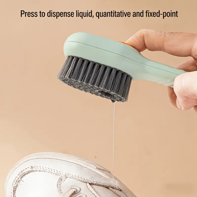 2Pcs Long Handle Press Liquid Dispensing Cleaning Brushes, Random Color, One Press Liquid Release, Soft Brush Head For Powerful Stain Removal, Multifunctional Household Cleaning Brush For Shoes, Garments, Bathroom And Kitchen Daily Housework
