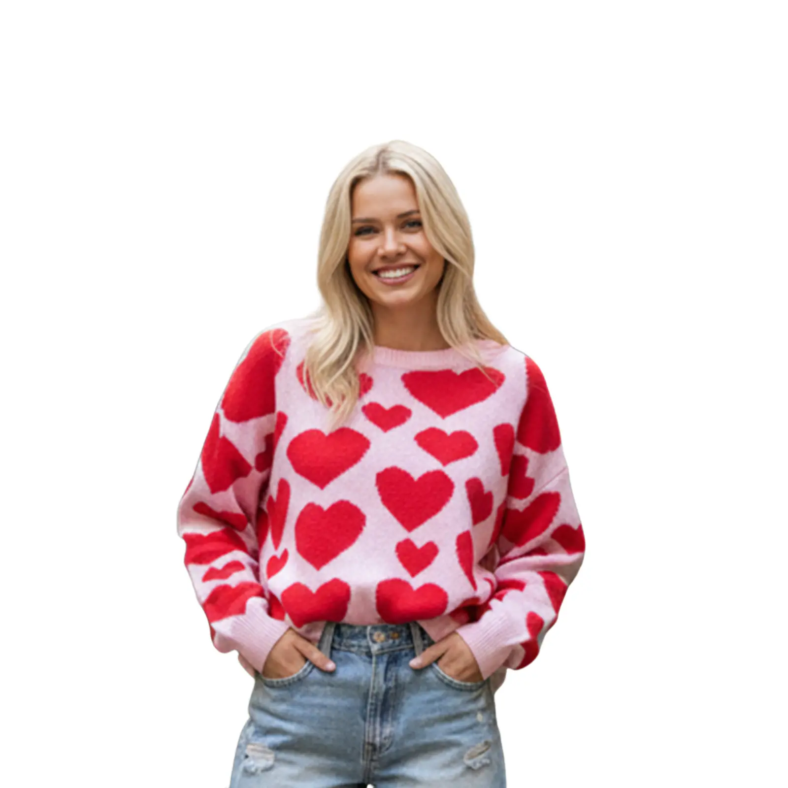 Women's Knit Sweater featuring a Casual Red Heart Pattern, Long Sleeve Loose Fit Round Neck in Polyester, Knitting, Longsleeves, Multicolor, Tops