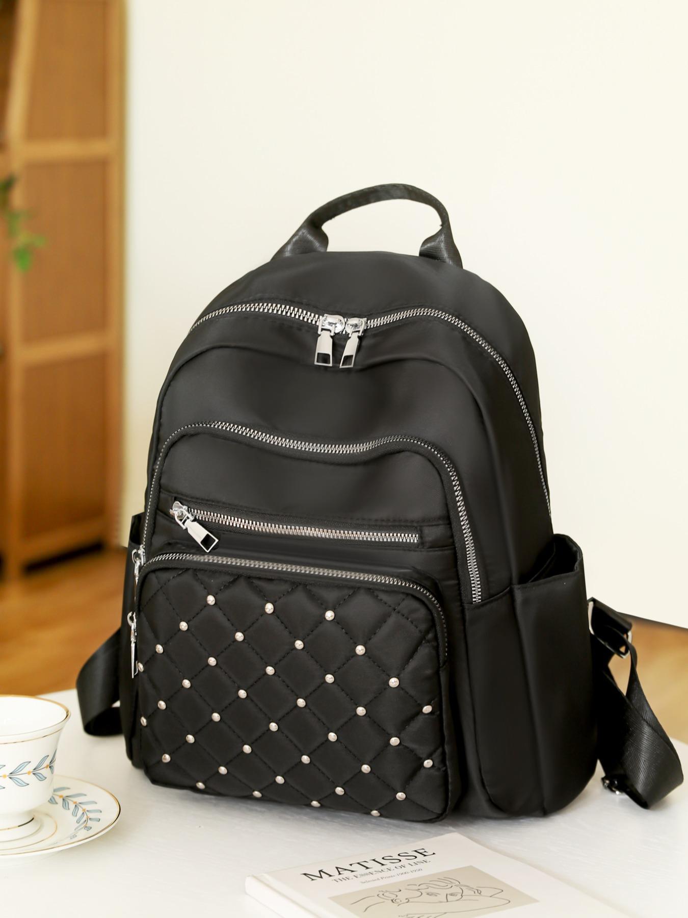 Rhombus Quilted Faux Pearl Decorated Backpack, Casual Zipper Backpack for Women, All-match Commuter Bag for Daily Used, Perfect for College Students