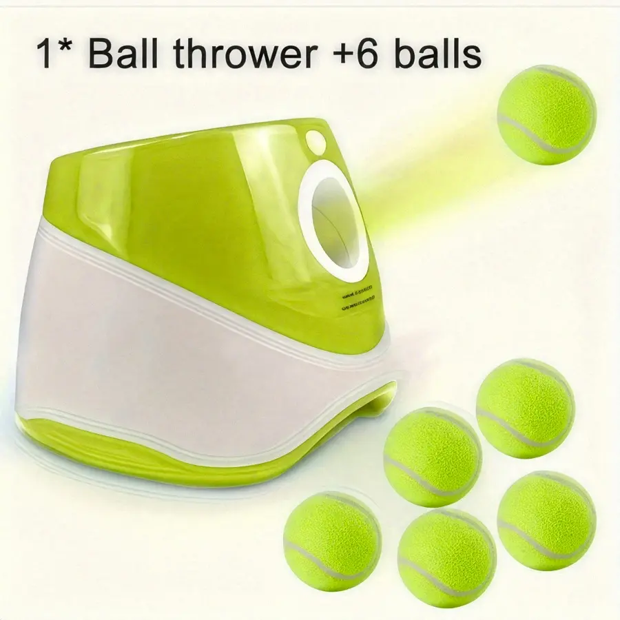 Dog automatic tennis launcher -1* ball thrower +6 green balls - 3 Settings - automatic launch system, indoor/outdoor throwing, suitable for various dogs such as Corgis and Labradors for training, catching and exercising - can provide long play time