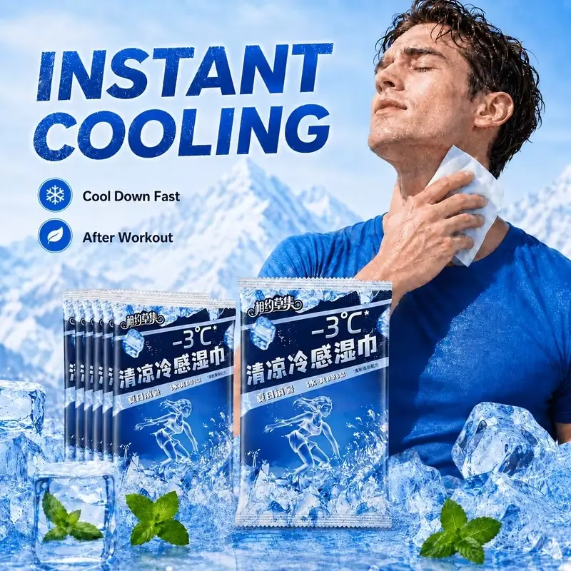 20-Pack Cooling Wet Wipes, Mint Flavor, Instant Long-Lasting Relief, Ideal for Body, Hot Weather, Outdoor Activities, Road Trips, Beaches, Summer Events