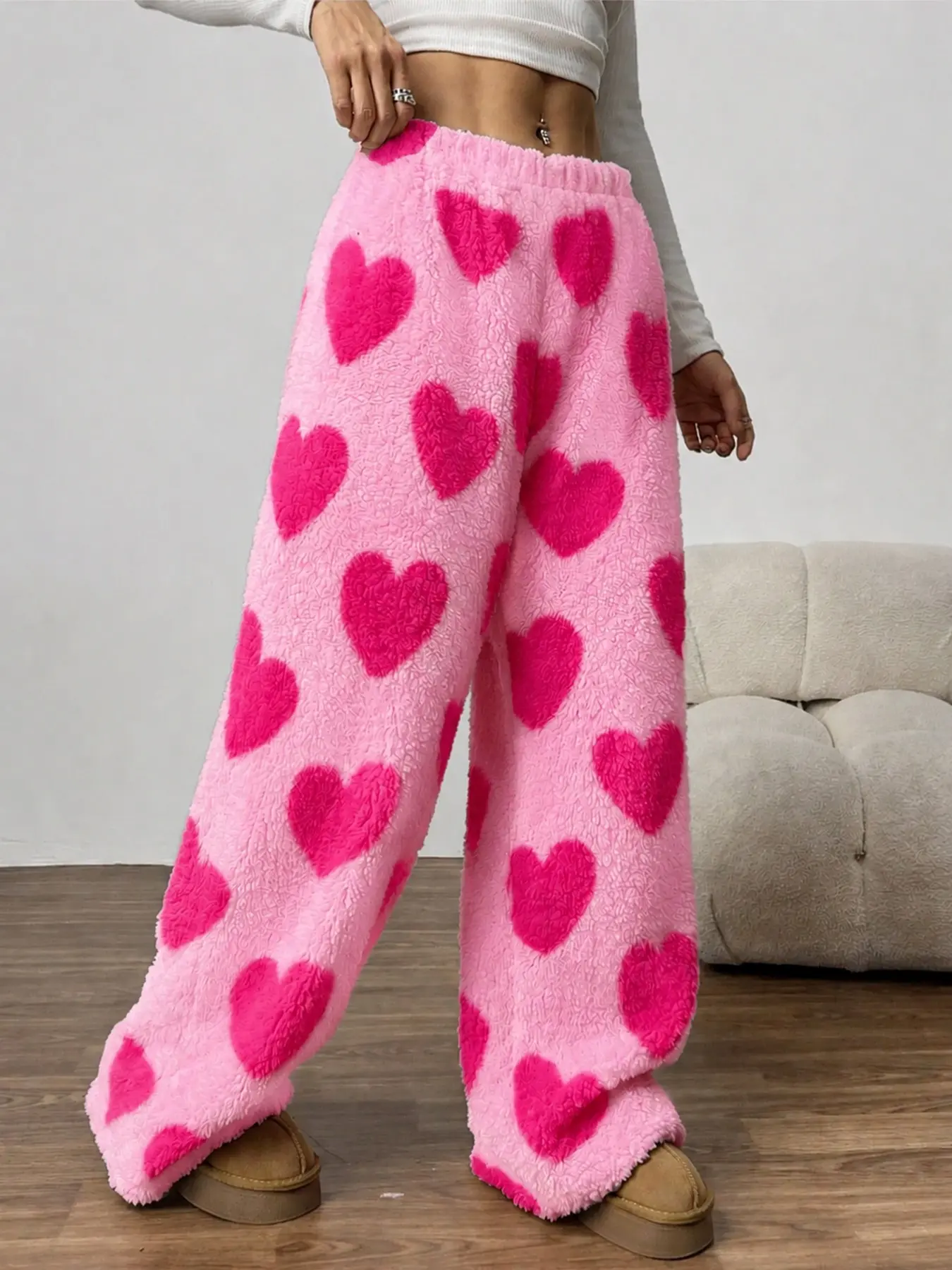 Plush Heart Women's Thickened Wide Leg Pants, Soft Comfortable Autumn Winter Fashion, Casual Travel Home Wear, Trendy Retro Style
