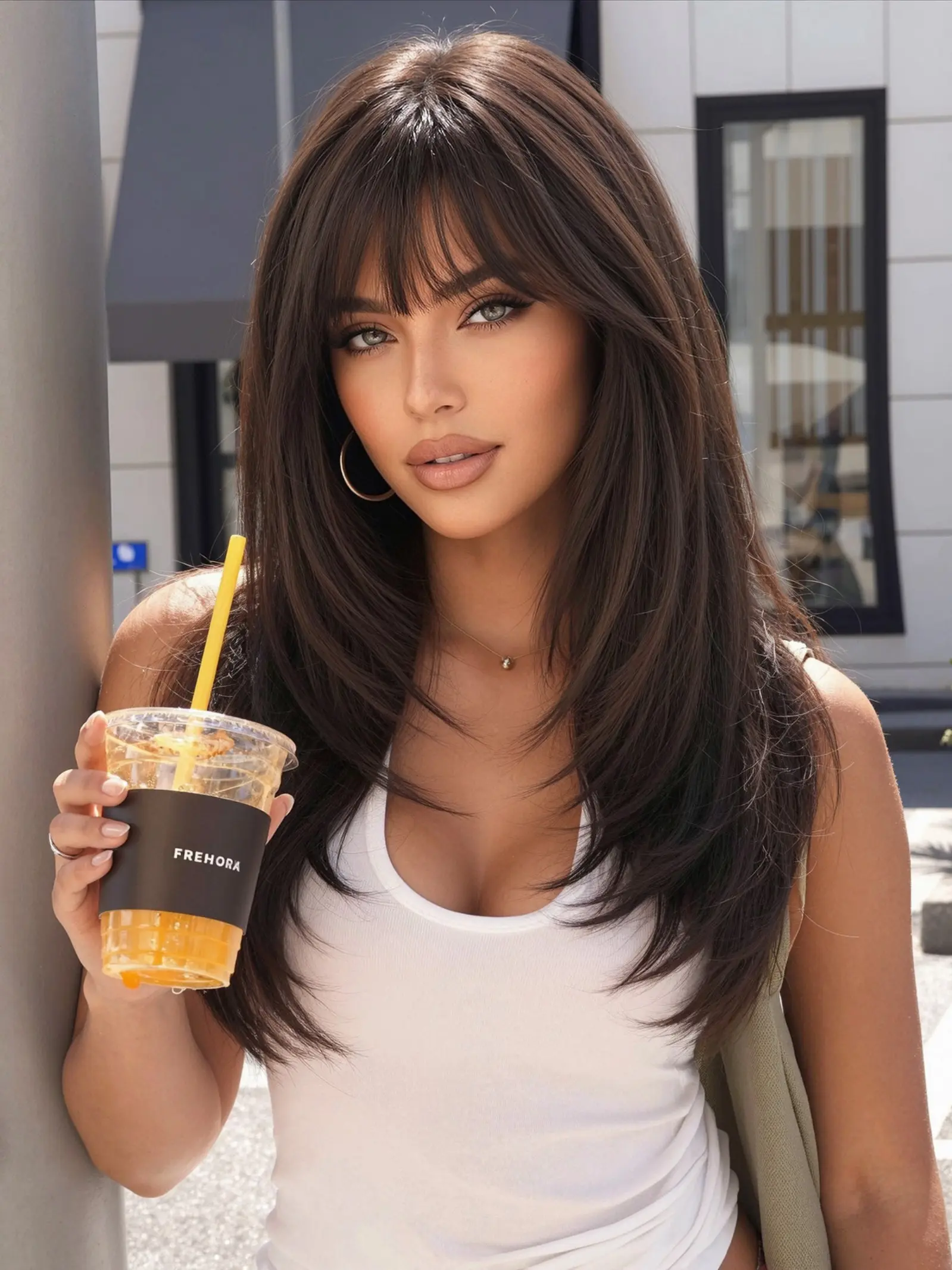 Chocolate Bangs Straight Wig, Medium Length Synthetic Hair, High Layered Full Headpiece, Natural Look, Easy to Wear