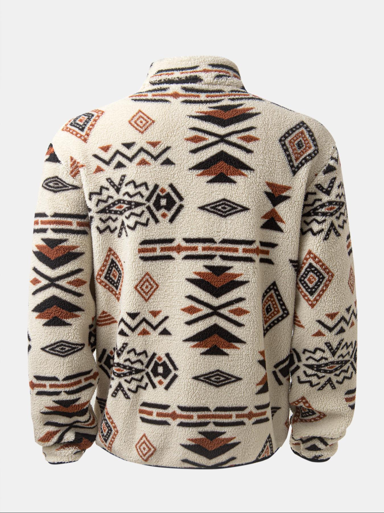 Men's Ethnic Style Fleece Jacket Coat, Casual Fashion Coat, Zipper Design, Loose Fit, Fall & Winter Wear, Casual Men's Clothing, Christmas Gift Idea