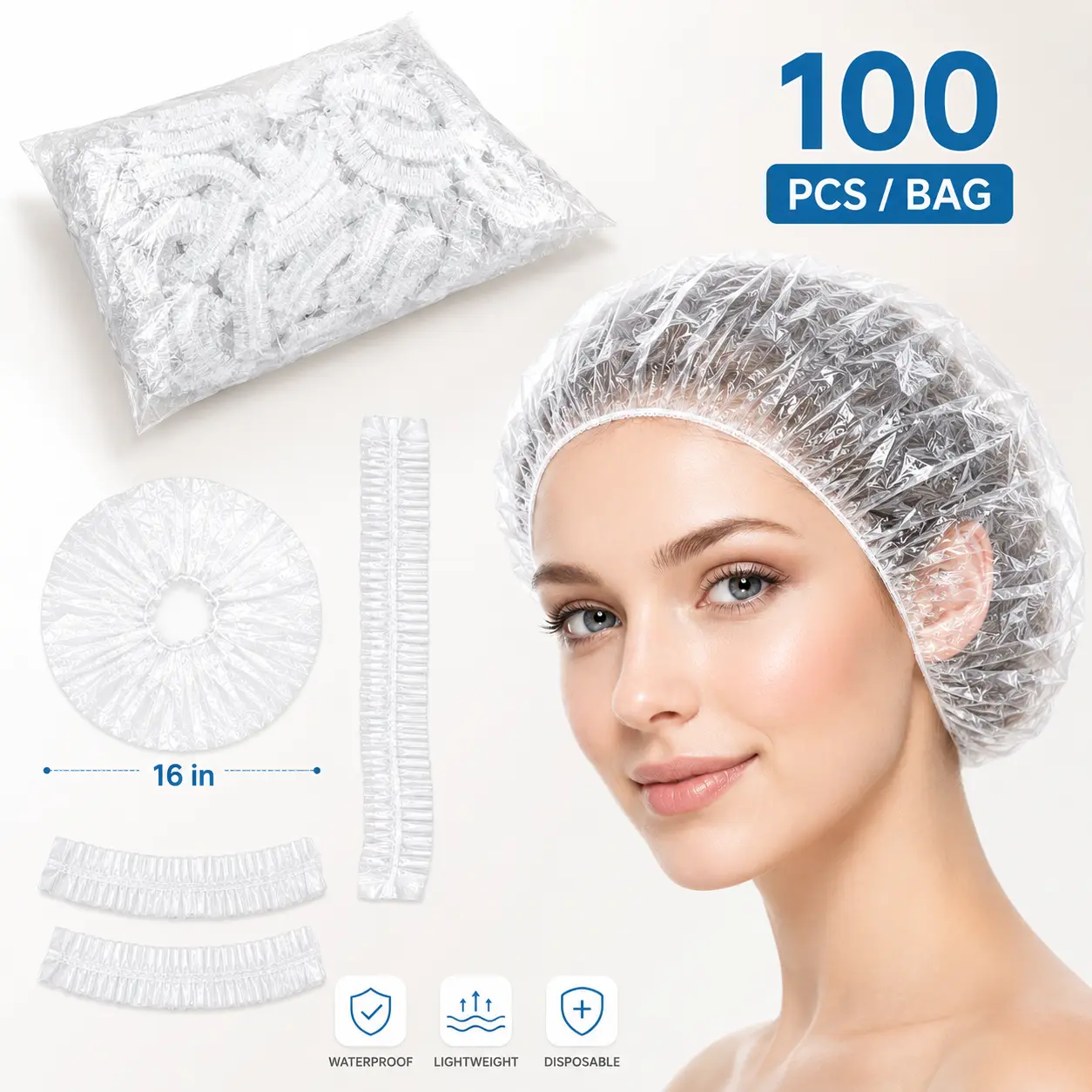 100-Pack Disposable Shower Caps, Large 19.3-Inch Clear Waterproof Plastic Hair Caps for Women, Men, Kids, Travel, Hotel, Spa and Salon