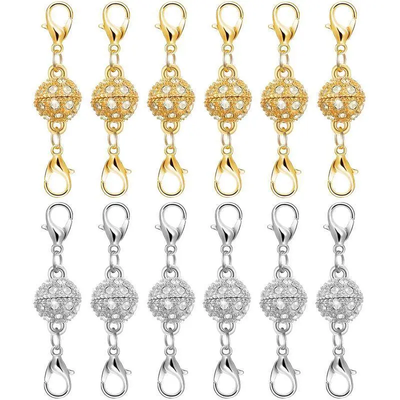 12-Pack Magnetic Clasp Set (6 Gold + 6 Silver), Gold & Silver Plated Stainless Steel Closures with Rhinestone Charm & Adjustable Extender for Jewelry Making, Daily Wear, Extenders, Magnetic Snap, Jewelry For Women, Charms Making, Craft Lovers, Metal