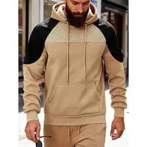 Men's Fall Winter Hooded Sweatshirt, Loose Fit Casual Outdoor Commuter Pullover, Textured Colorblock Patchwork Design, Comfortable Knitwear