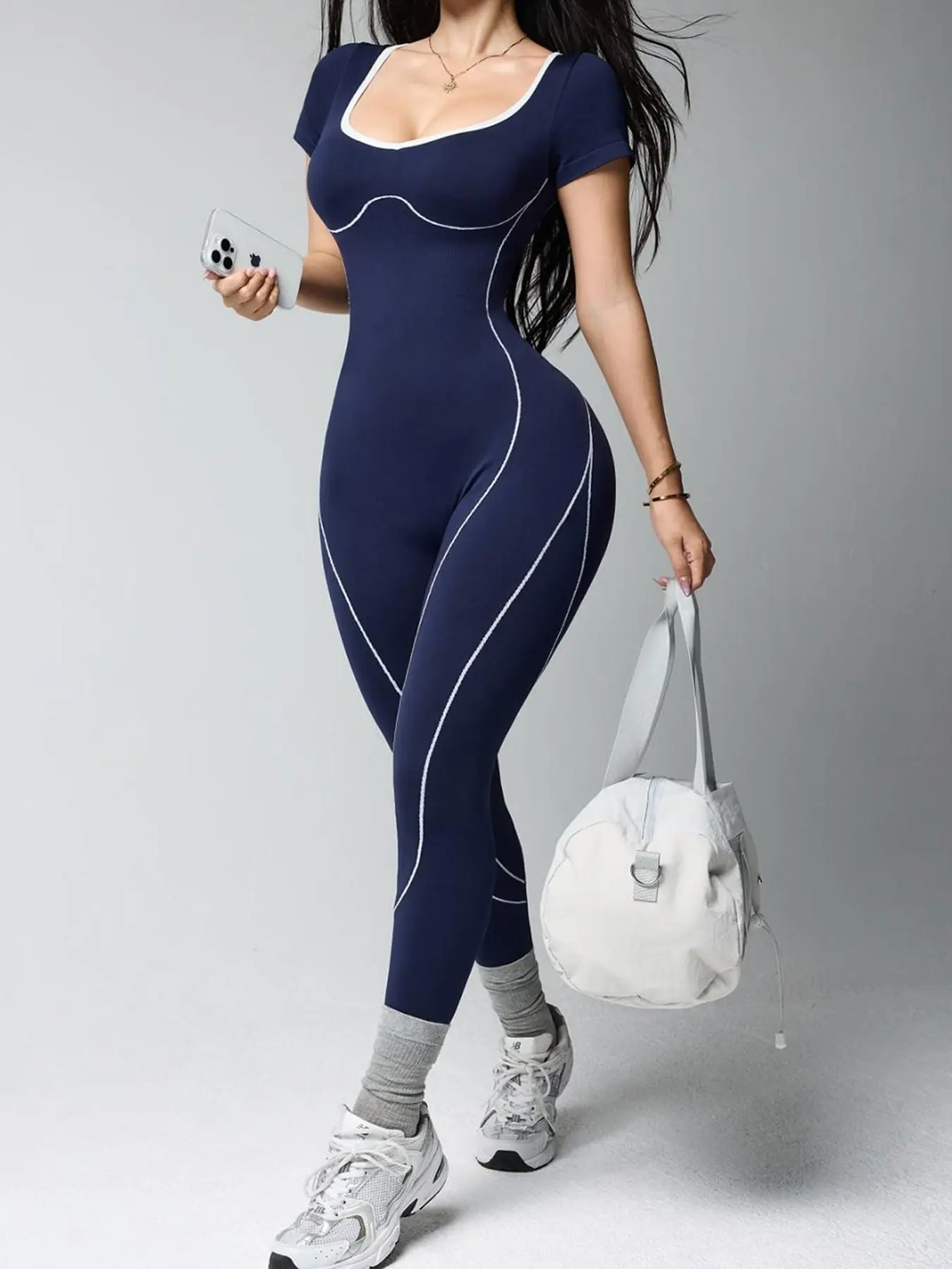 【Black Friday】Women's Seamless Contrast Binding U-Neck Knit Jumpsuit, Sporty Style High-Stretch Jumpsuit, Comfortable Fabric, Ideal for Gym, Yoga and Daily Wear