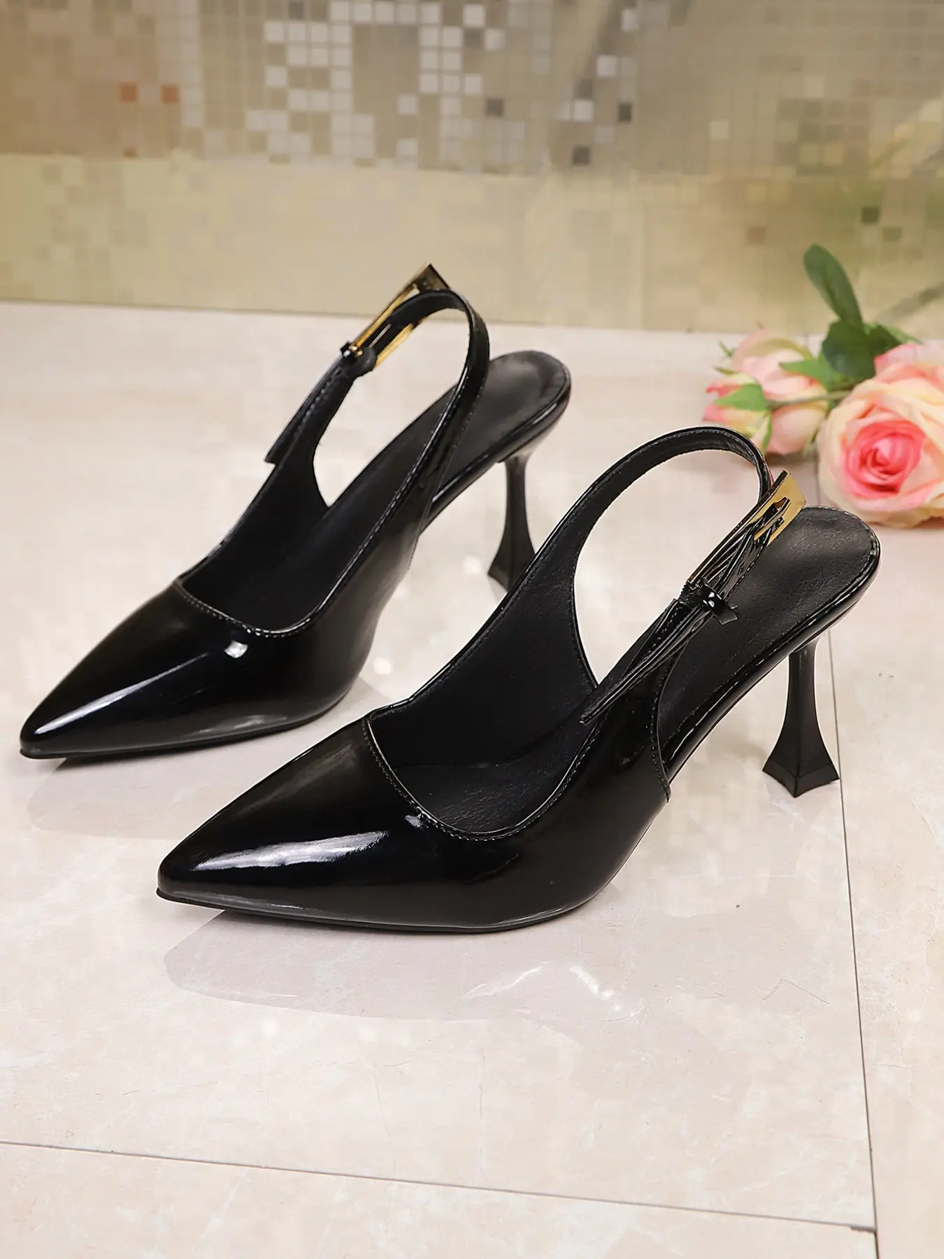 Women's Glossy Patent Pointed Toe Adjustable Buckle Slingback Flared Stiletto Heel Sandals Soft Contoured Cushioned Insole Elegant Office Party Footwear Slingback Heeled Sandals Two Colors Black Burgundy Red