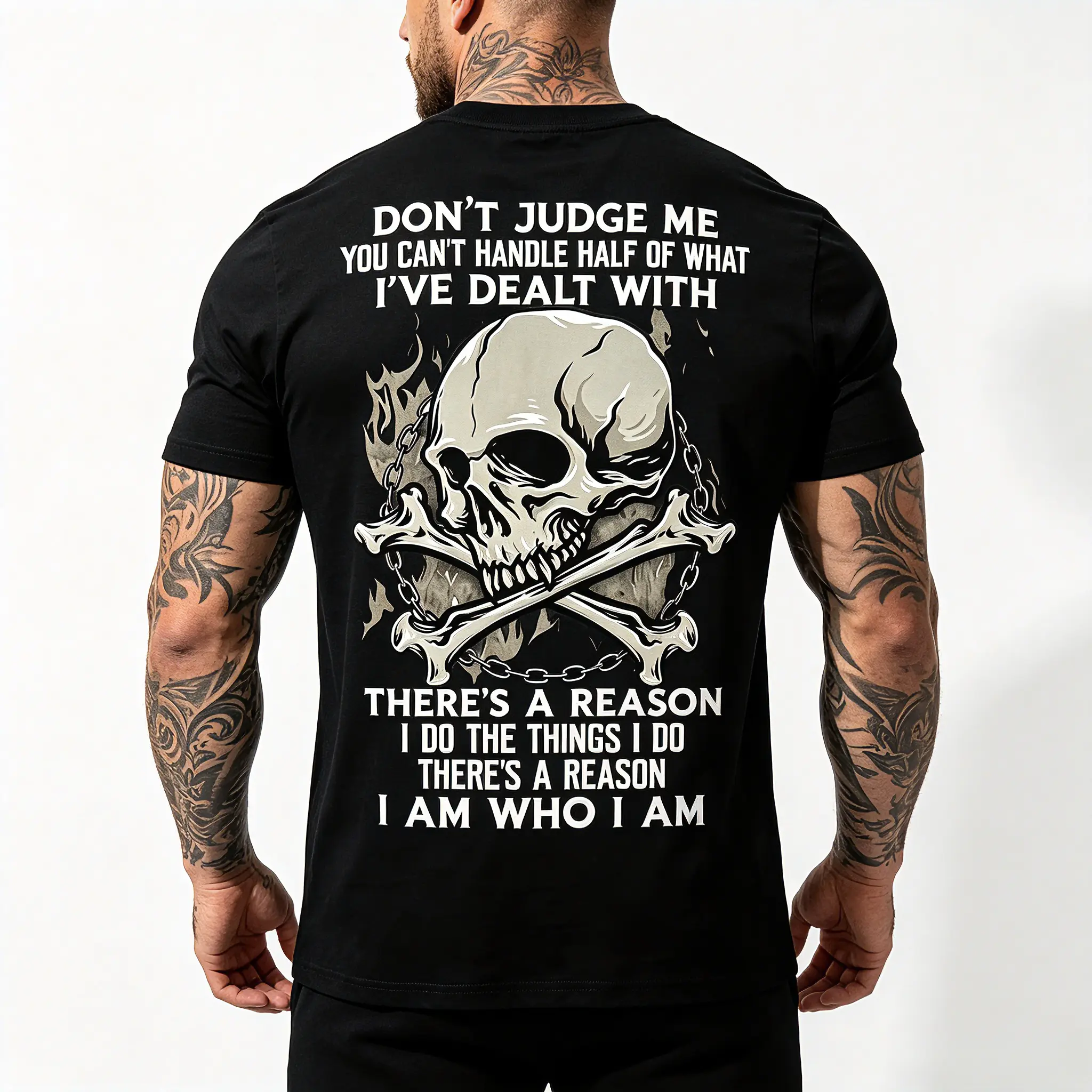 Men's Graphic T-Shirt with Vintage Skull Flame Back Print, Soft 100% Cotton Short Sleeve Crew Neck, Edgy Biker Streetwear Top, Shortsleeve, Menswear, Round Neck, Breathable Tee