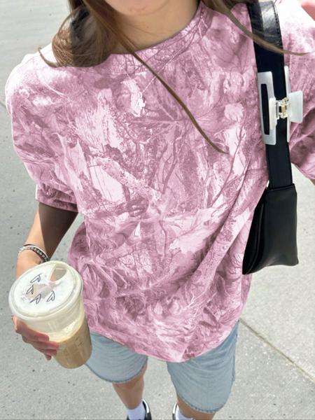 Women's Camo Print Round Neck Tee, Casual Short Sleeve Crew Neck T-Shirt for Summer, Fashion Women's Top for Daily Wear