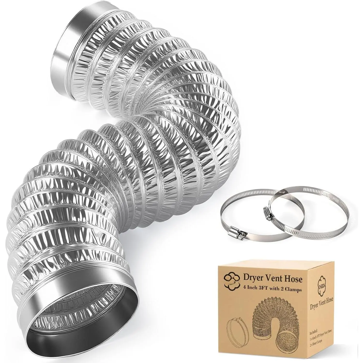 4 Inch Dryer Vent Hose 3FT, 6-Layer Flexible  Ducting with Rolled  Ends, Fire-Resistant Exhaust Hose for Dryer, Ventilation, HVAC, Short Runs