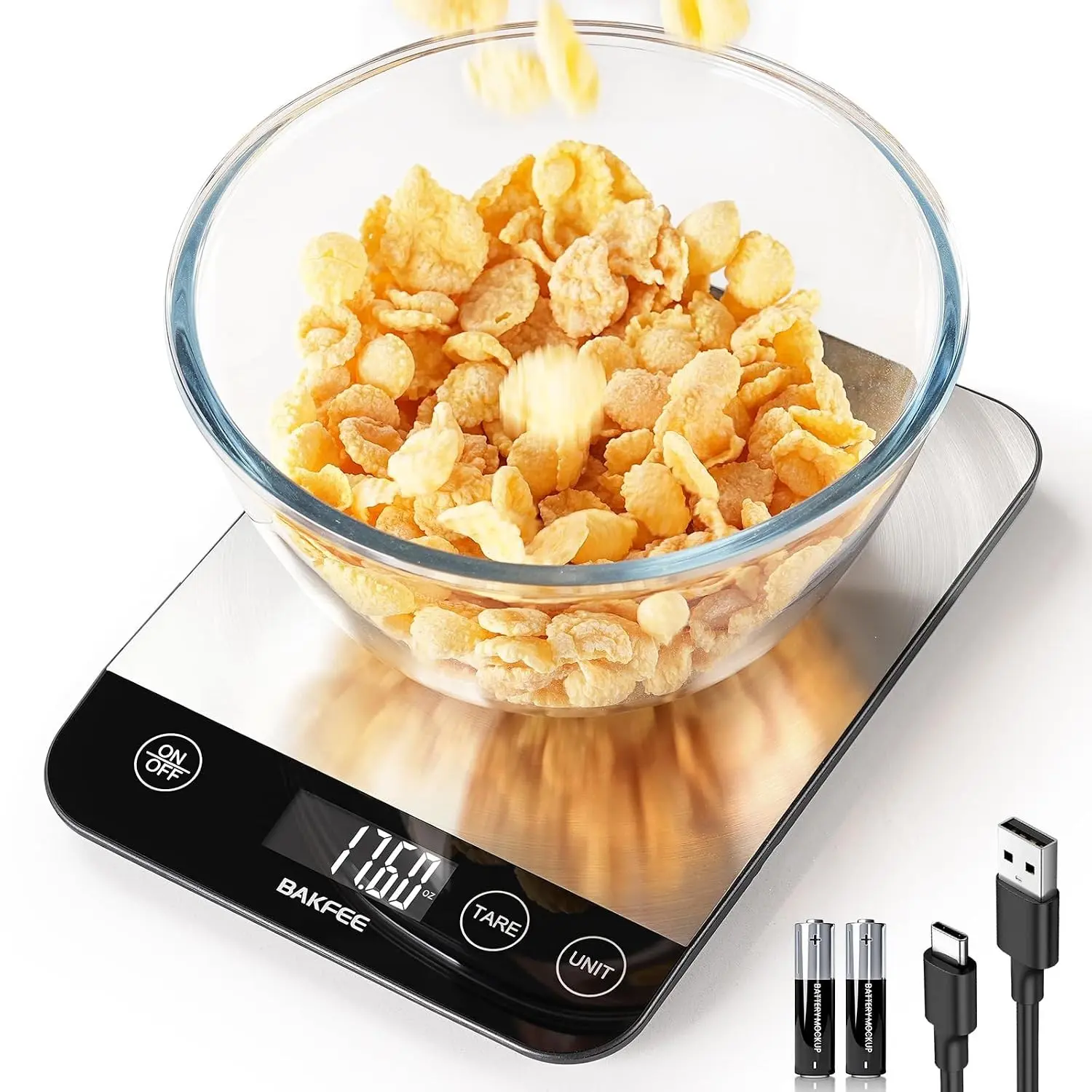 33lb Rechargeable Food Kitchen Scale with Stainless Steel, Grams and Ounces, USB Charging, 1g High Accuracy for Baking, Cooking & Food Prep, Black