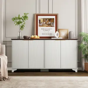 61 Inch Modern Fluted Sideboard Buffet Cabinet with 4 Doors & Adjustable Inner Shelves, Solid Wood Leg Storage Credenza for Dining Kitchen Living Room Entryway