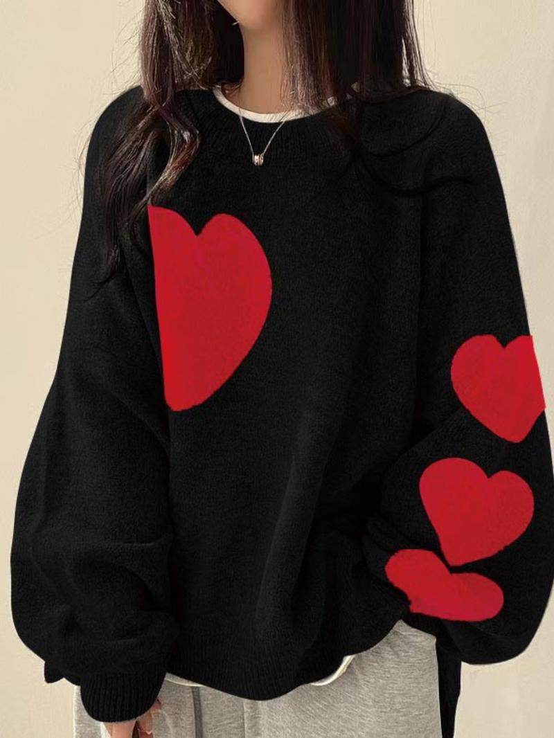 【Plus Size】 Colorblock Heart Pattern Crew Neck Sweater, Casual Long Sleeve Pullover Jumper for Daily Outdoor Wear, Women Plus Clothing for Fall & Winter