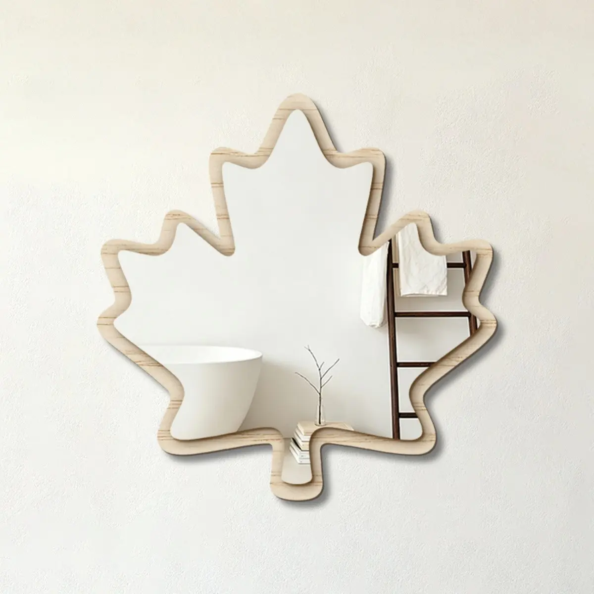 Maple Leaf Wooden Framed Decorative Wall Accent Mirror, Unique Irregular Leaf Shape Wall Mount Hanging Mirror, Cottagecore Rustic Mirror for Farmhouse, Autumn Fall Harvest Home Wall Decoration, No Drilling, Free Tape Included