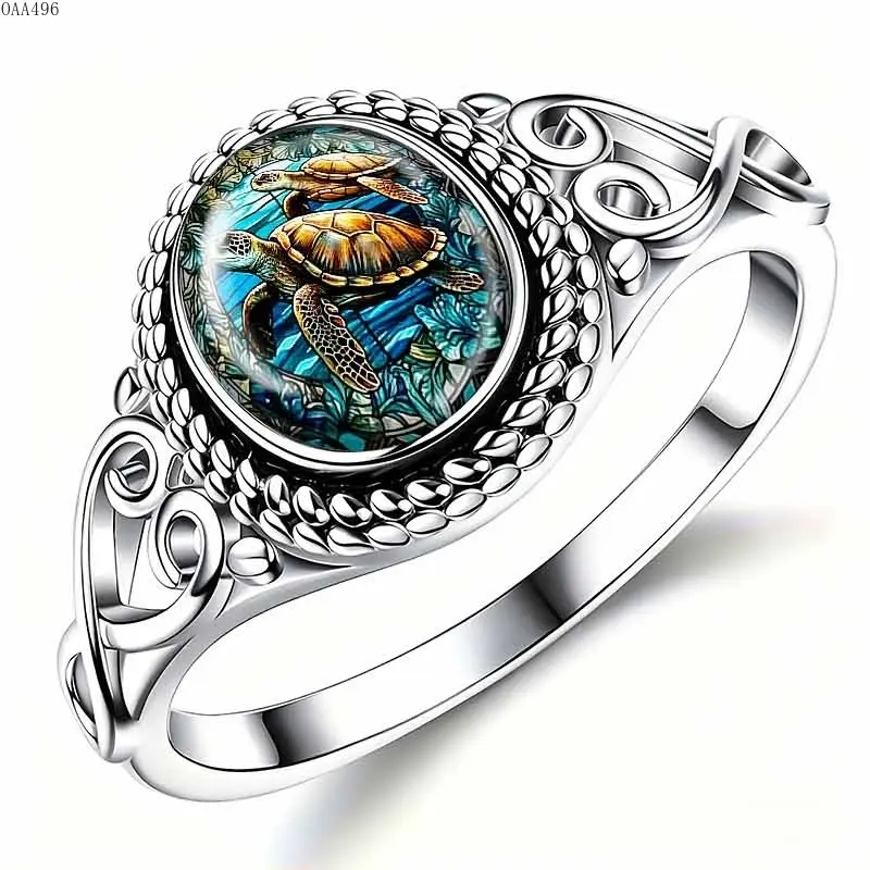 Vintage Blue Pattern Statement Ring for Women, Silver Tone Alloy Ring With Ocean Inspired Engraved Design and Adjustable Band, Artistic Jewelry for Daily Wear and Gift Giving