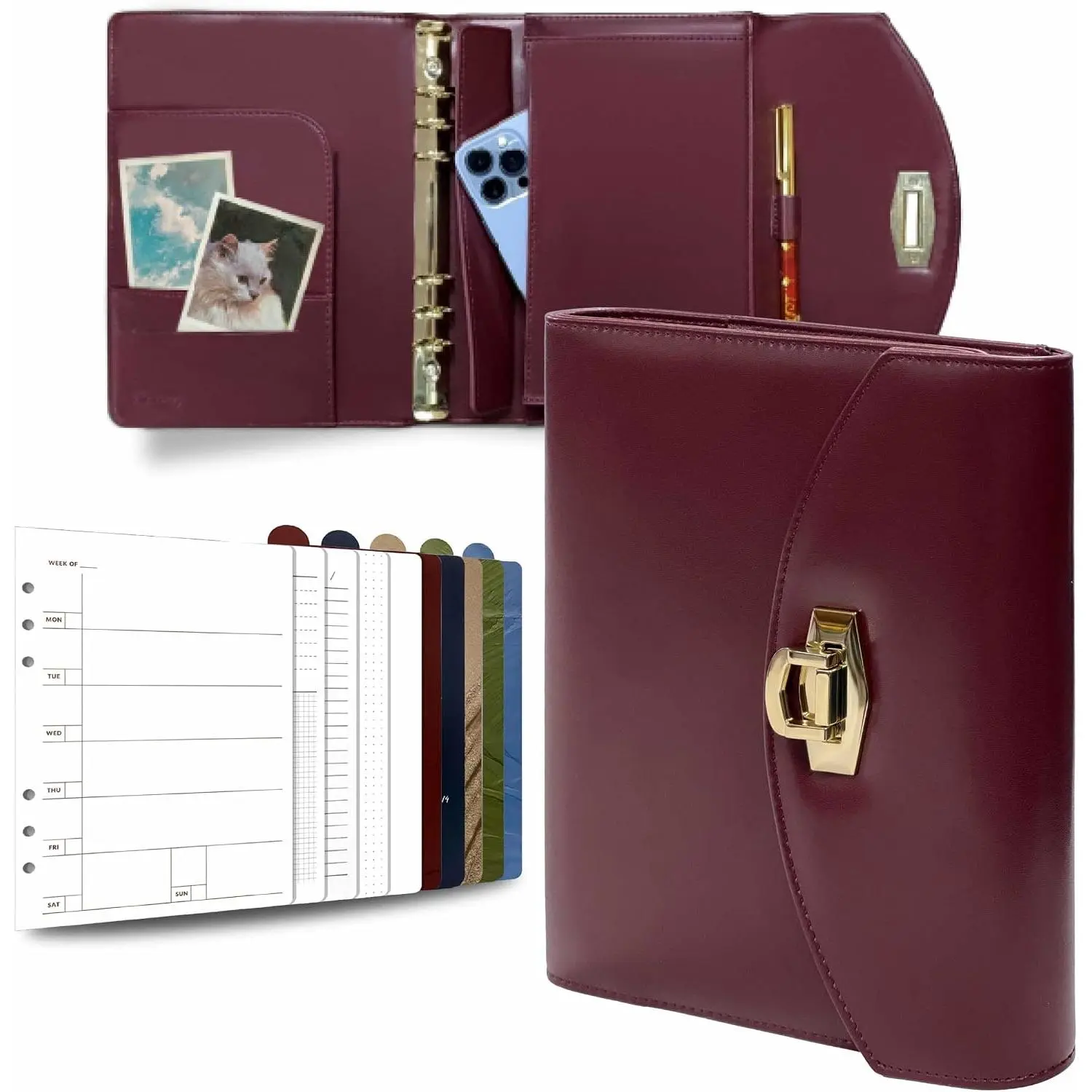 Terence A5 PU Leather 6-Ring Binder Planner & Metal Ballpoint Pen | 5.8" x 8.3" clutch-style cover with 80 sheets and 5 dividers; professional organizer for work, meetings and daily planning.