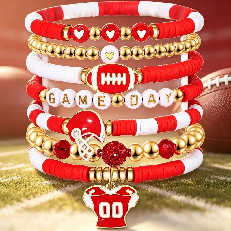 7Pcs Football Theme Beads & Charms Bracelet, Casual Stackable Jewelry with Charm Accents for Parents - Ideal for Sports Fans, Bracelets, Sports Jewelry