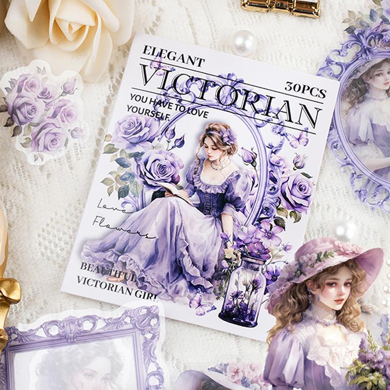 Vintage Girl Pattern Stickers, 30 Sheets/Pack PET Waterproof Self Adhesive Material Sticker, Scrapbook Decorative Stickers