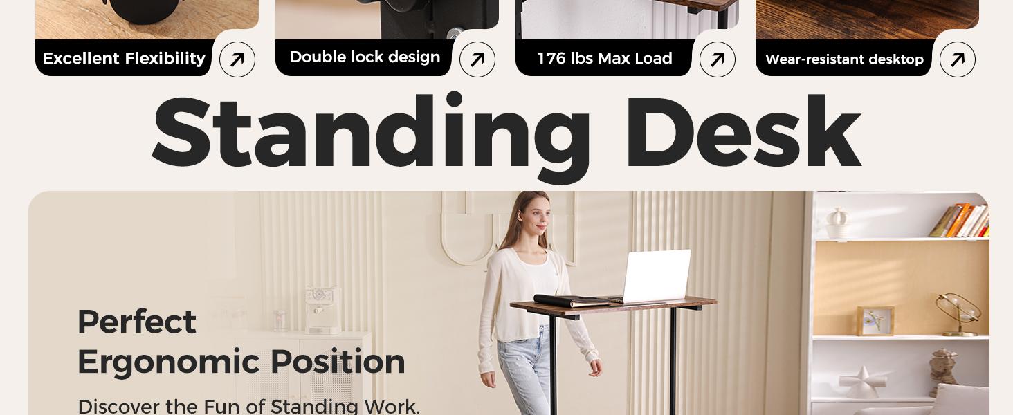 Standing Desk Adjustable Height, Mobile Stand Up Desks with Wheels Small Computer Desks Rolling Desk, Portable Laptop Desks Rustic Standing Table Sit Stand Home Office Desks