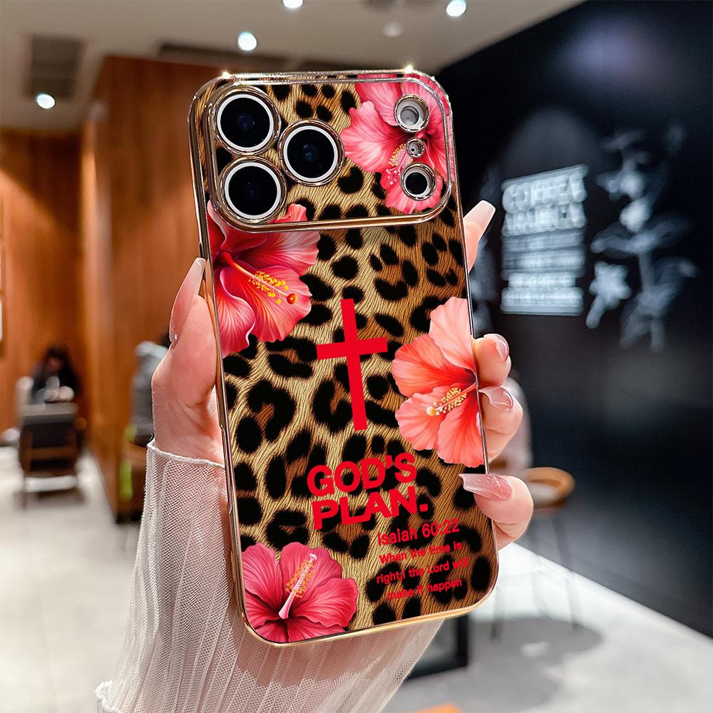 Leopard print and GOD'S PLAN lsaiah 60:22 Pattern Shockproof Phone Case for iPhone 17 Pro Max Air 16 15 14 13 12 11 Plus  Gold electroplated edge texture Full-lens protection Protecitved Cover