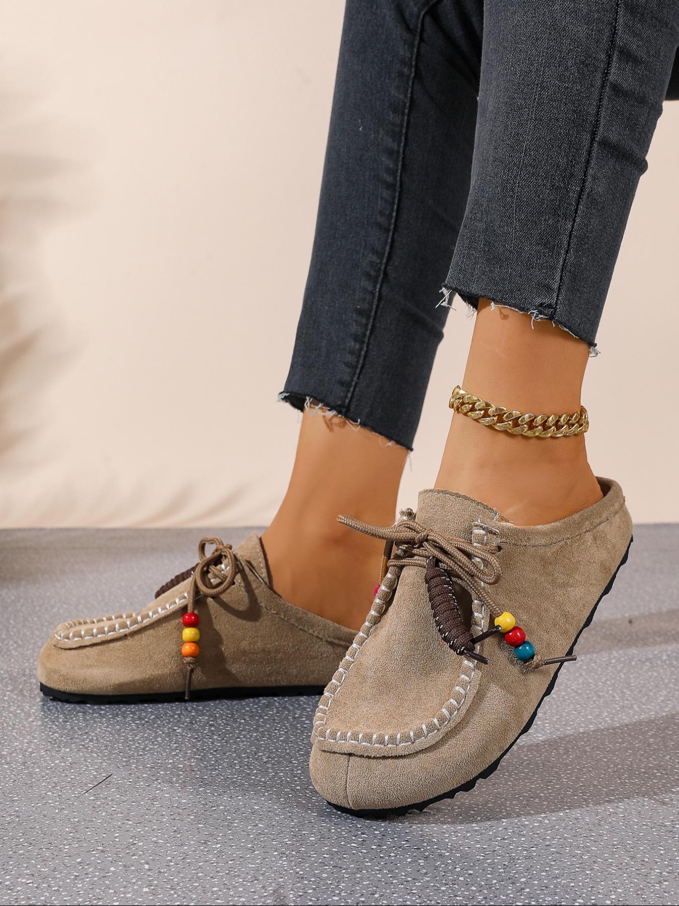 2025 New Women's Round-Toe Cork suede Clog Mules –Boho Beaded Suede Tassel Mules – Women’s Vintage Slip-On Clogs with Arch Support, Soft Cork Sole, and Colorful Beads – Cozy Fall Flats for Walking & Home Foot Clogs