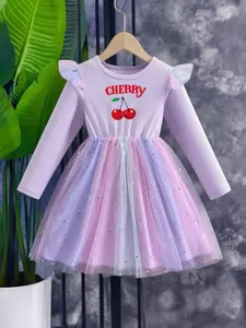 Girls' Long Sleeve Dress, Fashion Princess Dress, Star Moon Gradient Mesh, Sweet Cherry Print, Ideal Gift for girls，Suitable for spring, autumn, and winter, back-to-school, Christmas, birthday parties, vacations, daily wear
