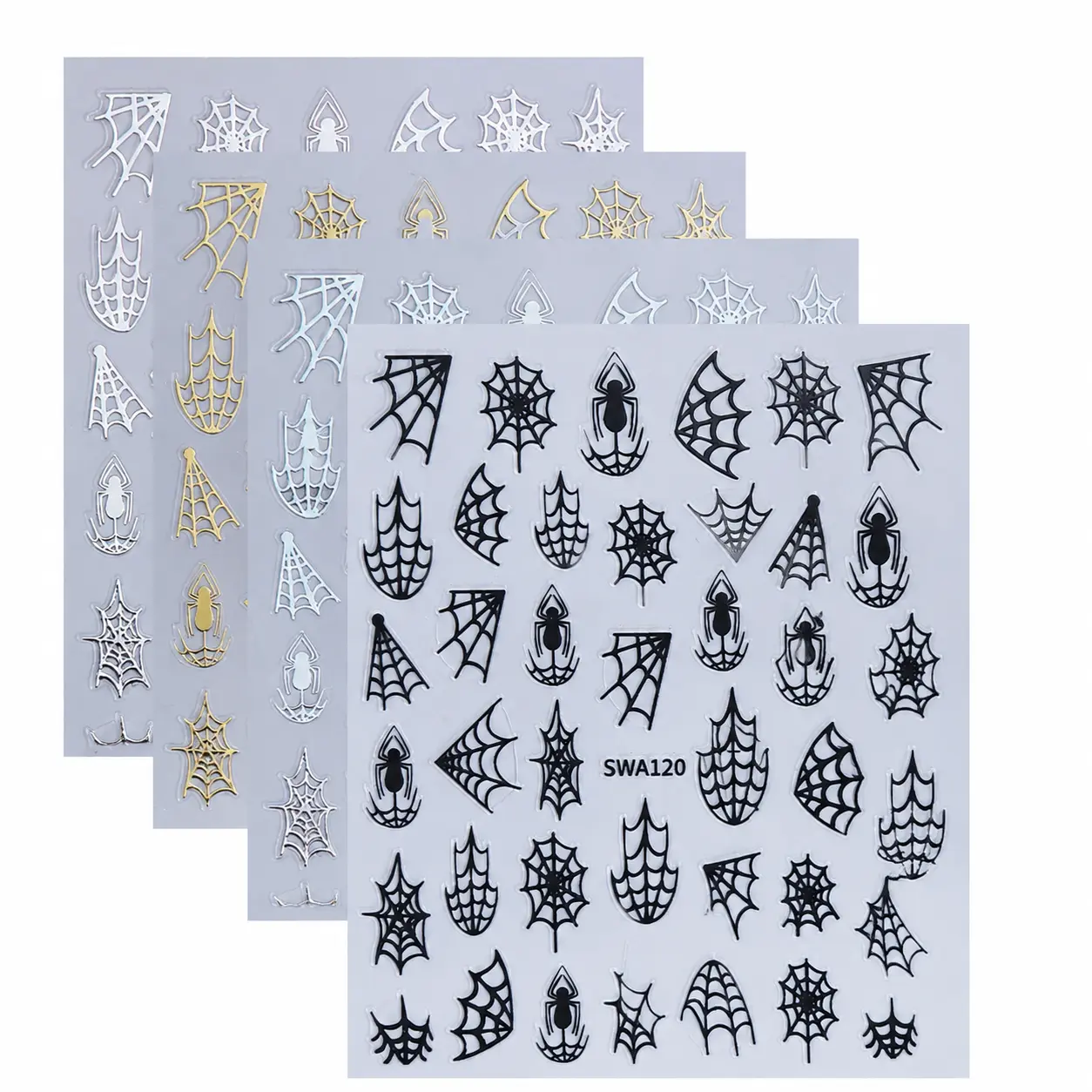 5-Piece Metallic Gold & Silver Spider Web Halloween Nail Art Sticker Set, Multiple Designs Adhesive Decals for Creative Manicures, Festive Nail Decor & Gifting, Cross-Border Friendly
