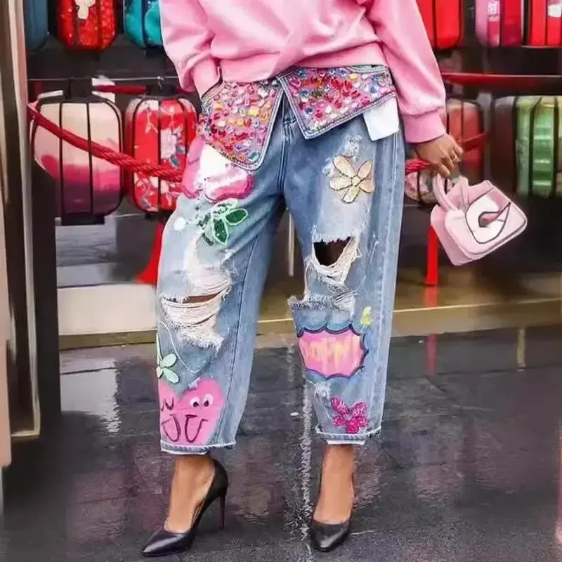 Women's Loose  Heavy Embellished Rhinestone Printed Hole Denim Jeans  ming Pants able Casual